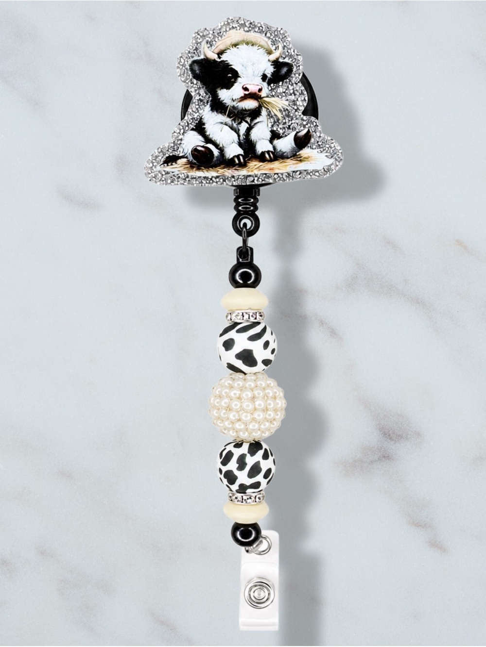 Highland Cow Black & White Beanie Beaded Badge Reel